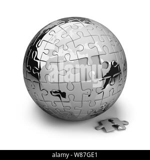 Erde metall Rätsel. 3D-Bild. Isoliert weißer Hintergrund. Stockfoto
