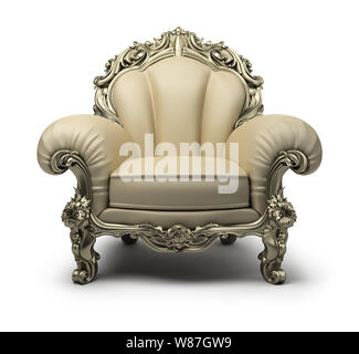 Luxus Sessel beige Farbe, mit einem silbernen Dekor. 3D-Bild. Isoliert weißer Hintergrund. Stockfoto