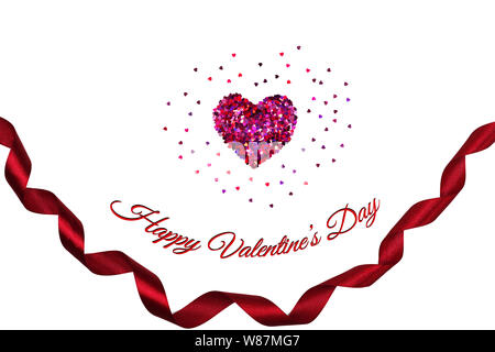 Valentinstag Konzept, weisser Hintergrund mit Glitter rote Herzen Stockfoto