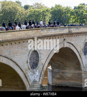 Coldstream, Scottish Borders, Schottland, Großbritannien. 8. August 2019. Rund 300 Reiter nahmen an der Fahrt Flodden, in Erinnerung an die Schlacht bei Flodden, 1513. Stockfoto