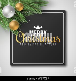 Geschenkkarte für frohe Weihnachten und ein glückliches Neues Jahr 2020. Tannenbaum mit festlichen Bälle. Fallenden Schnee. Vector Illustration. EPS 10. Stock Vektor