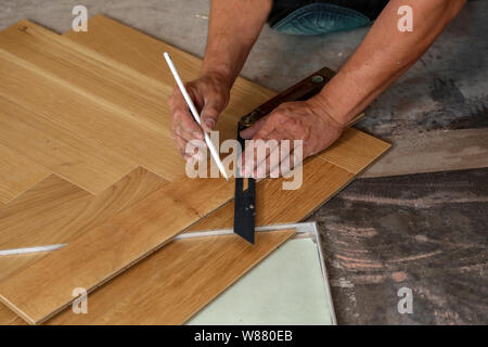 Arbeitnehmer mit Parkettboden. Arbeitnehmer installation Holz Laminatboden. Stockfoto