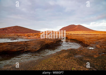 Bewölkt Sonnenaufgang über Montana Roja spezielle Naturpark, eine ungewöhnliche Vulkankegel, eines der besten Beispiele von anorganischen sand Lebensräume auf der Insel Stockfoto