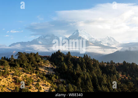 Blick auf Annapurna Bergkette von Poon Hill (3210 m) auf den Sonnenaufgang. Es ist der berühmte Blick Punkt in Gorepani Dorf im Annapurna Gebiet, Nepal Stockfoto