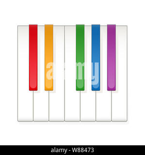 Eine Oktave auf der Tastatur mit farbigen statt der schwarzen Tasten zu spielen, einfach und lustig zu erfahren. Zwölf Tasten eines Instruments. Abbildung auf Weiß. Stockfoto