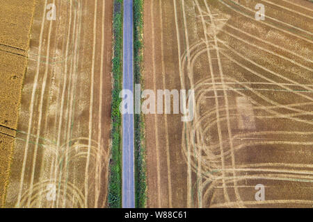 Von oben nach unten drone Blick über frisch geernteten Weizen Feld geteilt durch die ländliche Landschaft Straße in Shropshire, Großbritannien Stockfoto