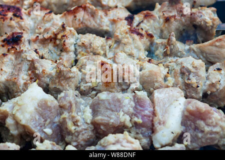 Fleischstücke liegen auf dem Feuer, dem Prozess des Kochens von Shish Kebab. Stockfoto