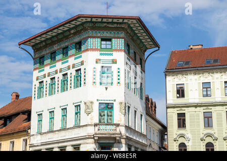 SKB bankomat Gebäude Hauptman Haus auf prešerenplatz ein Beispiel für die Art Nouveau Architektur in Ljubljana, Slowenien EU Europa Stockfoto
