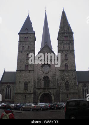 Die Fassade der Kathedrale von San Bavón mittelalterlichen Stil an einem verschneiten Tag im Dorf in Gent. März 23, 2013. Gent, Flandern, Belgien. Vacati Stockfoto