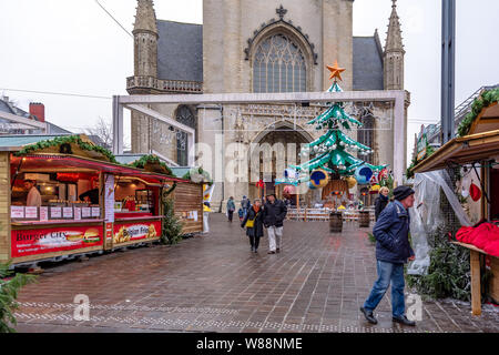 Weihnachtsmarkt mit Weihnachtsbaum auf dem Platz vor der Kathedrale Saint Bavo Eingang. Leute, Weihnachtsmarkt Anfang nebeliger Morgen Stockfoto