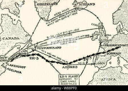 Diese Abbildung stammt aus den 1920er Jahren. Die Bildunterschrift lautet: Bridging, den Atlantik mit Luftschiff und Flugzeug. Dieses Diagramm zeigt grafisch den Verlauf der ersten Flugzeuge und Luftschiffe, die den Atlantik überquert. Die US Navy Wasserflugzeug NC-4 wurde zum ersten Mal der Flug zu machen, Mai 16-27, 1919, die einen Anschlag auf den Azoren. Die erste non-stop Flug in einem britischen Doppeldecker gemacht wurde, Juni 14-15, 1919. Das erste Luftschiff Flug wurde von der Britischen zukuenftiges R-34, die ein Hin- und Rückflug im Juli 1919 vorgenommen. Die ZR-3 (Los Angeles). in Deutschland gebaut von dort in Lakehurst, N.J. im Oktober 1924 flog. Ich Stockfoto