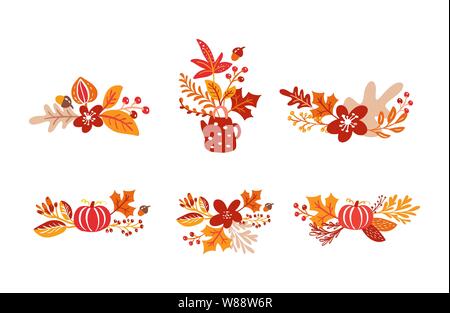 Bündel Satz von orangen Herbstblätter Blumensträuße mit Teekanne. Blätter aus Ahorn mit Tasse, mit Kürbis, mit Laub Eiche, Herbst Natur Saison Poster Stock Vektor