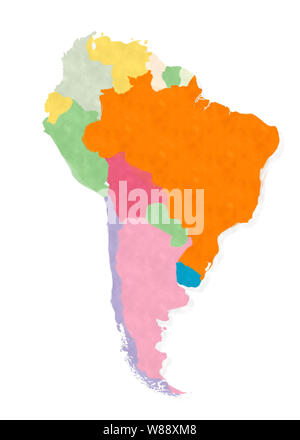 Südamerika Karte in Aquarell auf weißem Hintergrund Stockfoto
