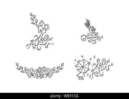 Bündel von Vektor monoline Herbst Kalligraphie Phrasen und Elemente. Handgezeichnete Abbildung der isolierten Blätter. Perfekt für saisonale Feiertage Stock Vektor