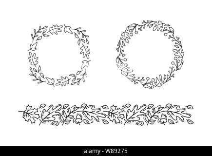 Set von Vektor monoline runden Herbst Kranz und Ornament mit Platz für Text. Bündel von Bouquet Rahmen mit Blättern, Beeren und isolierten Elementen Stock Vektor