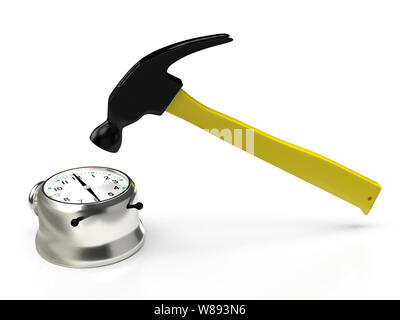 Hammer schlagen der Wecker, isoliert auf Weiss. 3D-Rendering Stockfoto