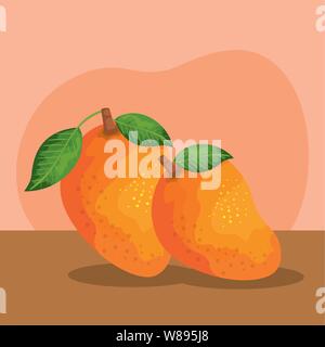 Leckere Mangos Obst Ernährung mit Blättern Stock Vektor