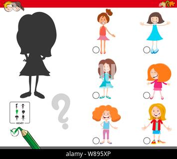 Cartoon Illustration auf das Finden der richtigen Schatten Lernspiel für Kinder mit Mädchen Zeichen Stock Vektor