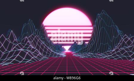 Retro-Futurismus Hintergrund im Stil der 80er Jahre. 3D-Darstellung. Stockfoto