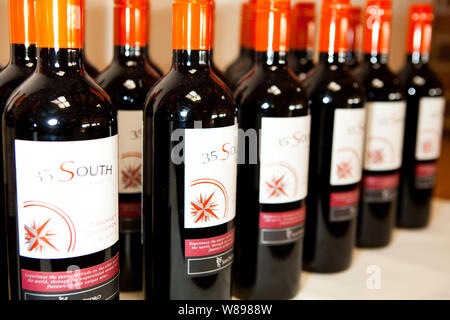 Roter Wein in Flaschen Stockfoto