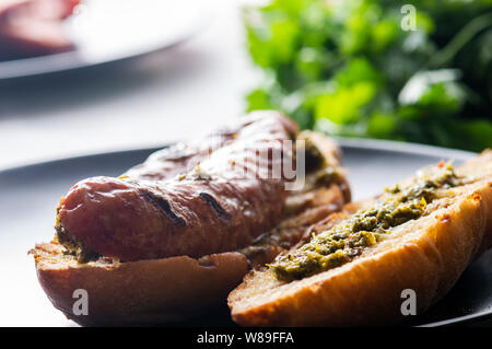 Choripan, South American Style chorizo Sandwich mit argentinischen Chorizo Wurst mit Chimichurri, Petersilie und Olivenöl Gewürz Stockfoto