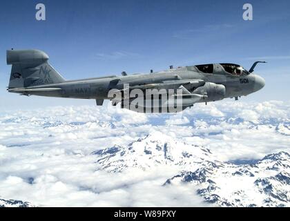 Eine Marine EA-6B Prowler fliegt in der Nähe von Mount Baker, Washington, während einer Übung am 16. Mai 2005. Die Allwetter Prowler bietet Schutz für Strike Aircraft, Bodentruppen und Schiffe durch Einklemmen feindliche Radar, elektronische Daten links, Kommunikation und erhält taktische elektronische Intelligenz innerhalb des bekämpfen. Diese Prowler wird zu elektronischen Attack Squadron 135 der Naval Air Station Whidbey Island, Washington befestigt Stockfoto