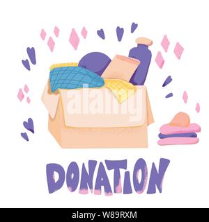 Spende Komposition. Box mit Kleidung und Text. Spenden Sie Dinge mit Schriftzug auf weißem Hintergrund. Liebe Elemente im flachen Stil. Vektor col Stock Vektor