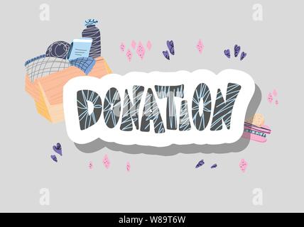 Spende Konzept. Box mit Material und Text. Spenden Sie Dinge mit Schriftzug auf weißem Hintergrund. Liebe Elemente im flachen Stil. Vector Farbe krank Stock Vektor
