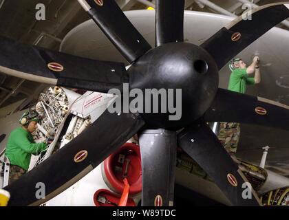 U.S. Navy Petty Officer 1st Class Zamir Alvarez (links) Entfernt eine thermische Paar Panel aus einer E-2C Hawkeye Flugzeuge wie Petty Officer 3rd Class Joe Brandt (rechts) ersetzt Dichtmittel für Panels auf dem Radar an Bord der rotodome Atom-Flugzeugträger USS Enterprise (CVN 65) Sept. 5, 2006. Das Unternehmen ist in den Persischen Golf stationiert. Stockfoto