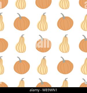 Hand zeichnen Kürbis nahtlose Muster in einfachen Doodle Style Vector Hintergrund Kürbisse in Pastelltönen in verschiedenen Formen auf weißem Hintergrund. Stock Vektor