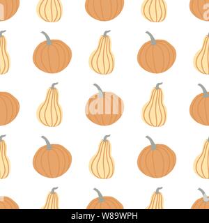 Hand zeichnen Kürbis nahtlose Muster in einfachen Doodle Style Vector Hintergrund Kürbisse in Pastelltönen in verschiedenen Formen auf weißem Hintergrund. Stock Vektor