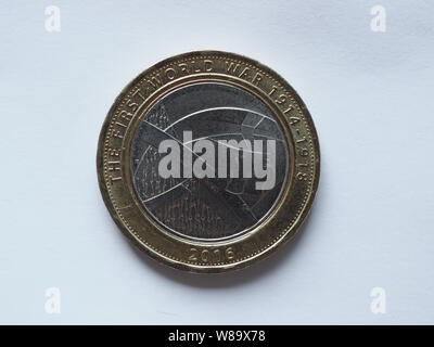 Commemorative Erster Weltkrieg 1914-1918 2 Pfund Münzen (GBP), die Währung des Vereinigten Königreichs. Stockfoto