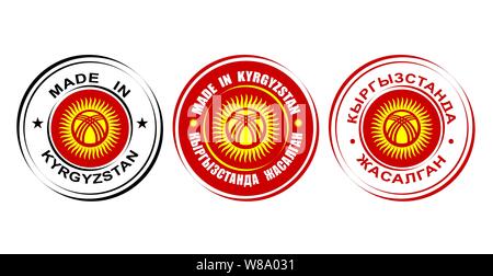 Runde Etiketten in Kirgisistan mit Fahne und Sun Symbol Stock Vektor