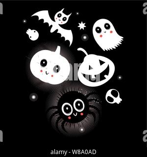 Festliche helle Vektor Karte mit Zeichen für Halloween auf schwarzem Hintergrund. Vorlage für Holiday Poster oder Postkarte. Stock Vektor