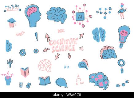 Cognitive Science. Satz von vektorelementen im flachen Stil auf weißem Hintergrund. Stock Vektor