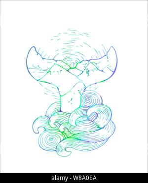 Neon Abbildung: Schwanz einen Wal ins Meer Wellen verschwinden. Grafiken, Sonne, Berge. Idee für Tattoo. Stock Vektor
