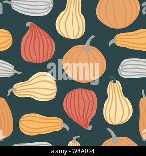 Hand zeichnen Kürbis nahtlose Muster in einfachen Doodle Style Vector Hintergrund bunte Kürbisse in verschiedenen Formen und Größen isoliert auf dunklen backgroun Stock Vektor