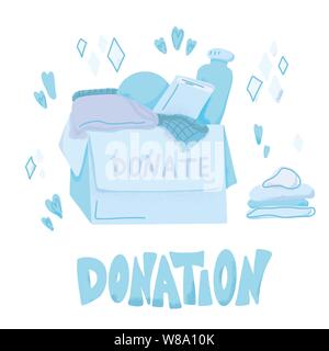 Spendenbox mit unterschiedlichen Sachen und Beschriftung auf weißem Hintergrund. Liebe Elemente im flachen Stil. Vector Farbe Abbildung. Stock Vektor