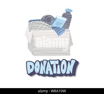 Spendenbox mit Text. Spenden Sie Dinge mit Schriftzug auf weißem Hintergrund. Liebe Emblem im flachen Stil. Vector Farbe Abbildung. Stock Vektor