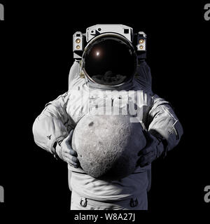 Astronauten, die den Mond, zeigt die andere Seite, auf schwarzem Hintergrund Stockfoto