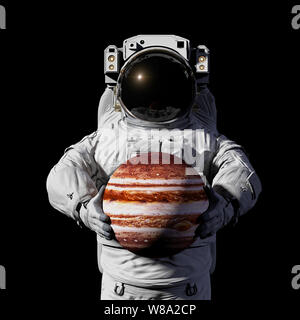 Astronaut holding Planeten Jupiter, auf schwarzem Hintergrund Stockfoto