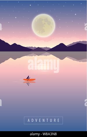 Lonely Kanu Abenteuer mit orange boat nachts bei Vollmond romantische Landschaft illustration Vektor EPS 10. Stock Vektor