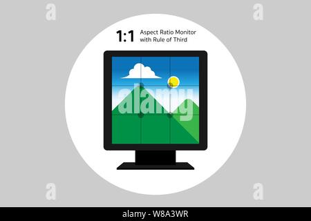 Der drittelregel mit 1 von 1 Seitenverhältnis, alte Technologie mit Glas Monitor, aber immer noch wichtige mit Zusammensetzung in Art. Stock Vektor