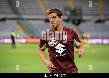 Cristan Ansaldi von Torino FC in Aktion während der UEFA Europa League dritte Qualifying Runde Fußballspiel zwischen Torino FC und Shakhtyor Soligorsk. Stockfoto