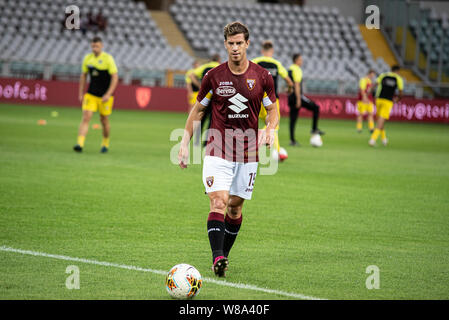 Cristan Ansaldi von Torino FC in Aktion während der UEFA Europa League dritte Qualifying Runde Fußballspiel zwischen Torino FC und Shakhtyor Soligorsk. Stockfoto