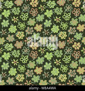Die nahtlose Vektor Muster mit einfachen grünen Blumen auf einem dunklen Hintergrund Stock Vektor
