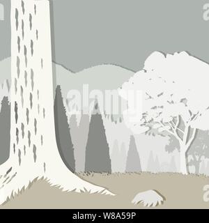 Schneiden Sie das Papier Wald in Farbe mit Bergen und den Stamm eines großen Baum und ein Stein im Vordergrund. Beide Laub- und Nadelgehölze und Berge Stock Vektor