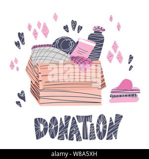 Spende Konzept. Box mit Material und Text. Spenden Sie Dinge mit Schriftzug auf weißem Hintergrund. Liebe Elemente im flachen Stil. Vector Farbe krank Stock Vektor