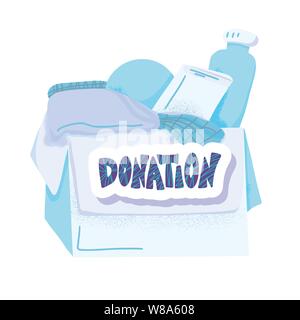 Spende Konzept. Box mit Material und Text. Spenden Sie Dinge mit Schriftzug auf weißem Hintergrund. Liebe Elemente im flachen Stil. Vector Farbe krank Stock Vektor