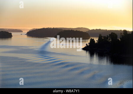 Bäume, bewaldeten Inseln, Segelboot in Silhouette, Blaue Stunde am frühen Morgen in der Nähe von Sunrise wie der Nebel Aufzüge, Stockholmer Schären, schwedischen Küste Ostsee Stockfoto